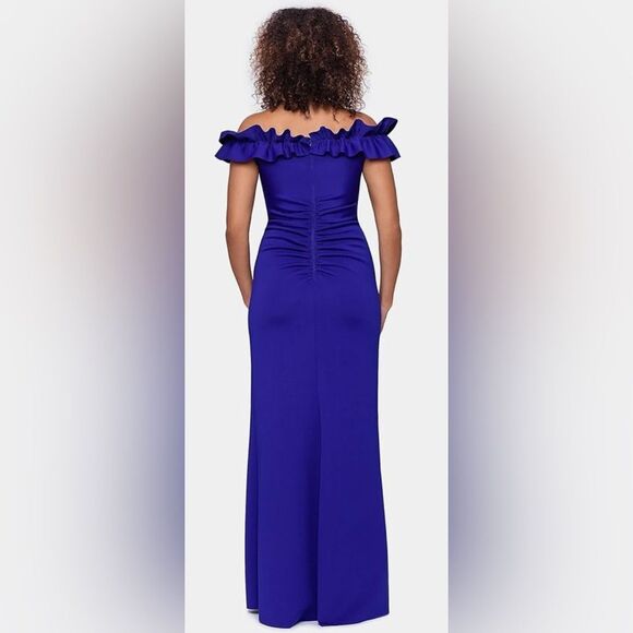 Xscape Women's Long Stretch Scuba Crepe Ruffle Collar Ruched Dress Size 14 NWT - Picture 12 of 13